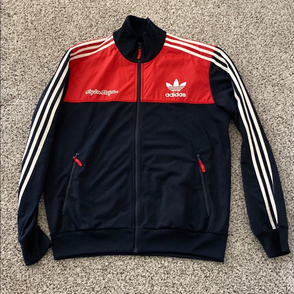 Adidas Black and Red Track Jacket with White Stripes